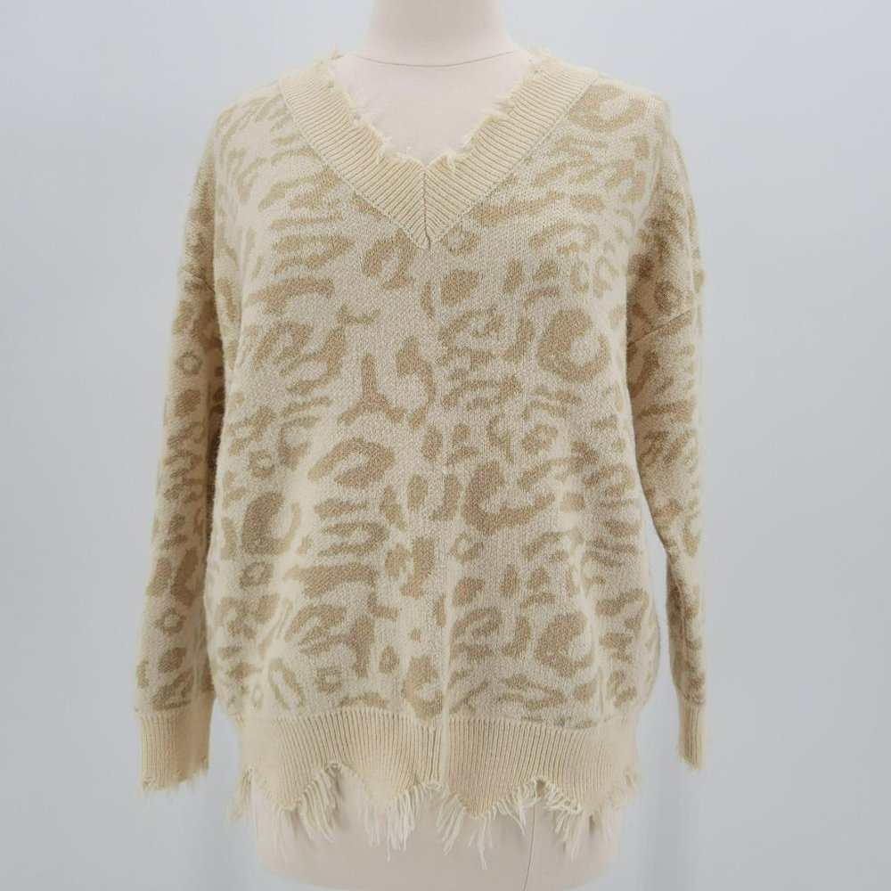 Main Strip Ivory & Tan Animal Print V-Neck Sweater